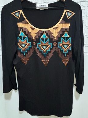Back in the saddle, black blouse featuring southwestern sequin embroidery M